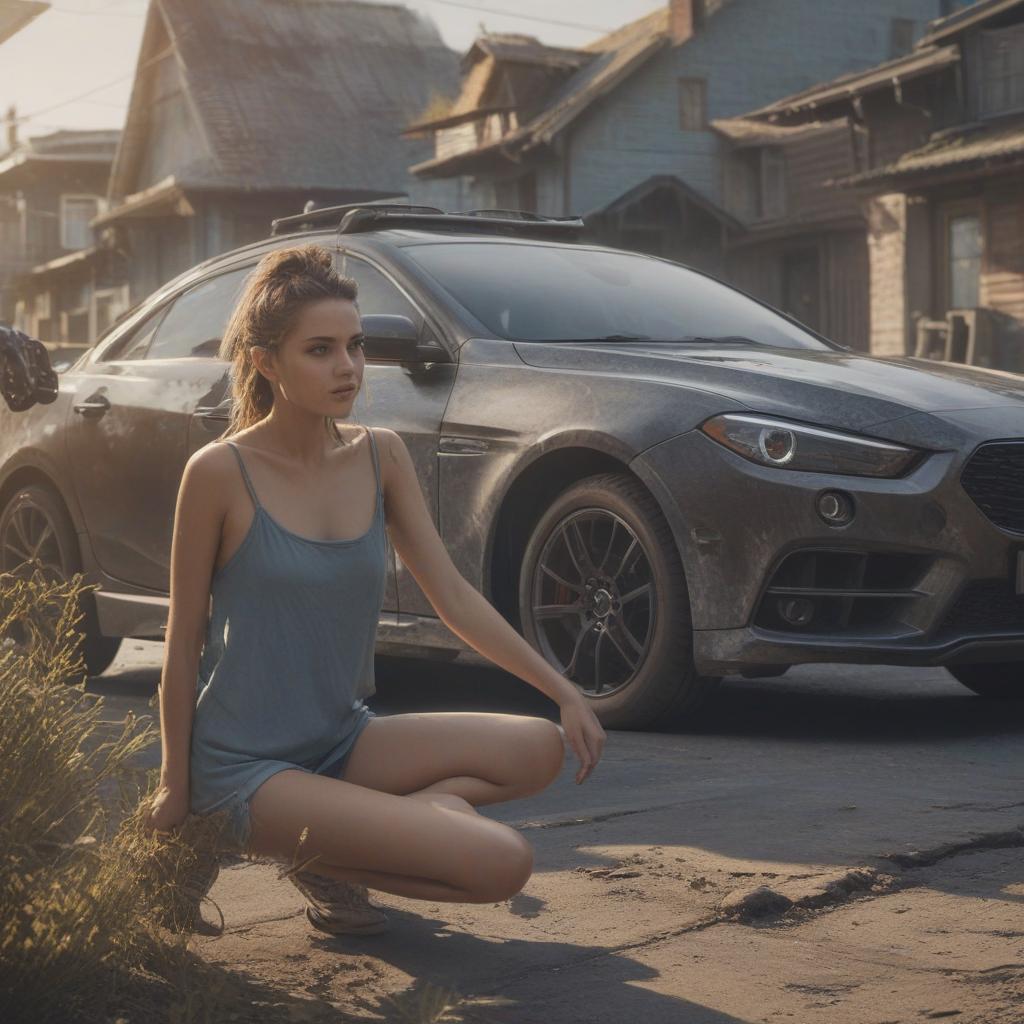  girl in front of car, high quality, high details, hd, perfect composition, 4k epic detailed, highly detailed, sharp focus, high resolution