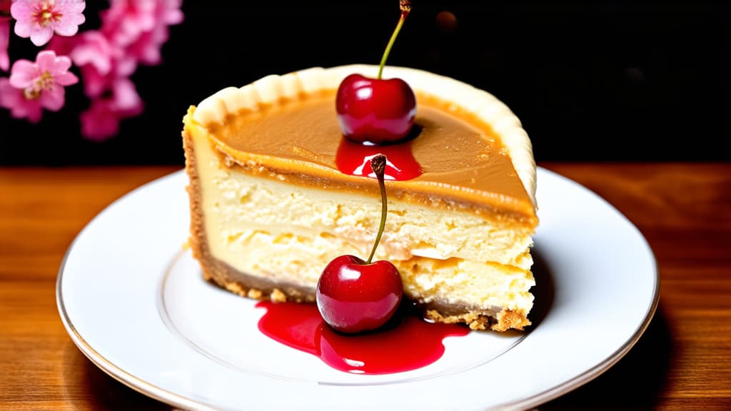  fragrant coffee and a piece of cheesecake with cherries on a plate, restaurant serving, photo, romanticism, liquid glossy, sweet night entourage, 1/4 profile, cherry trees, masterpiece, mini, adorable, high quality, caramel ar 16:9 {prompt}, maximum details