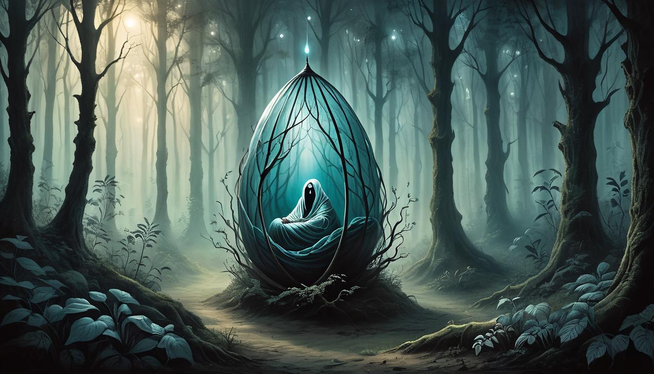  on parchment, surrealism+++, image of a glowing divine cocoon, enveloped in soft ethereal light, amidst a dark and shadowy forest, a protective aura, transformative essence, nurturing atmosphere(mysterious, provocative, symbolic,muted color)+++