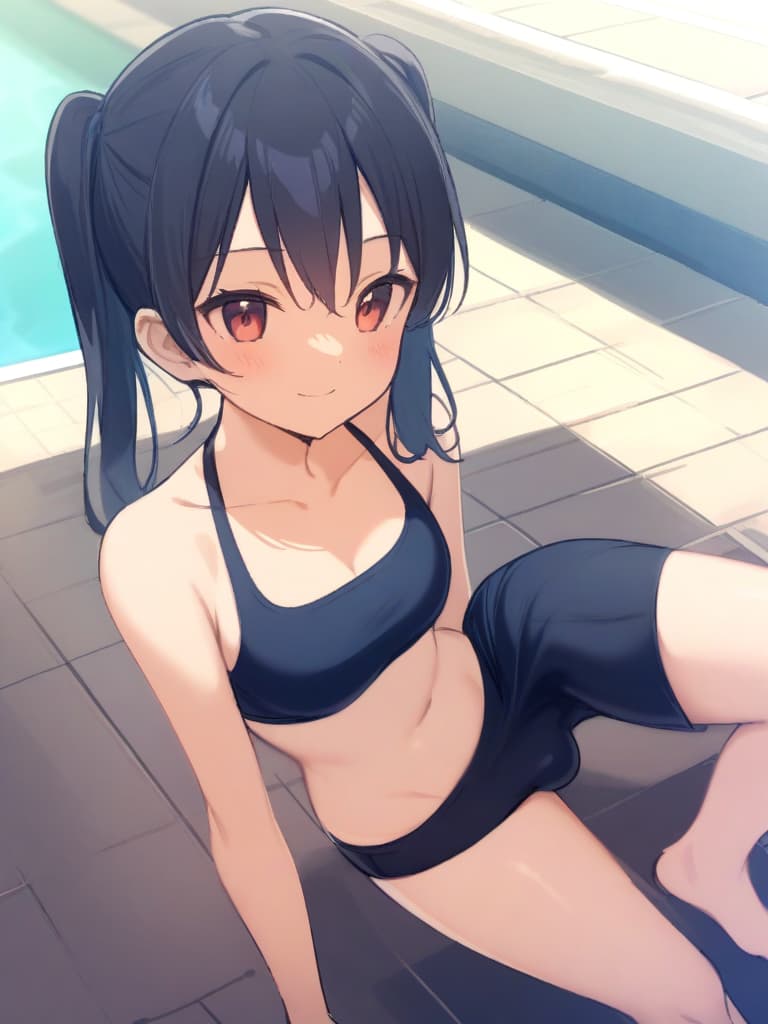  women's elementary students (male), twin tails, cute smiles, (rich s), low stature, dark blue swimwear, old swimwear, , simple, (upward), , (bulge), front, whole body, pool side. ,,,