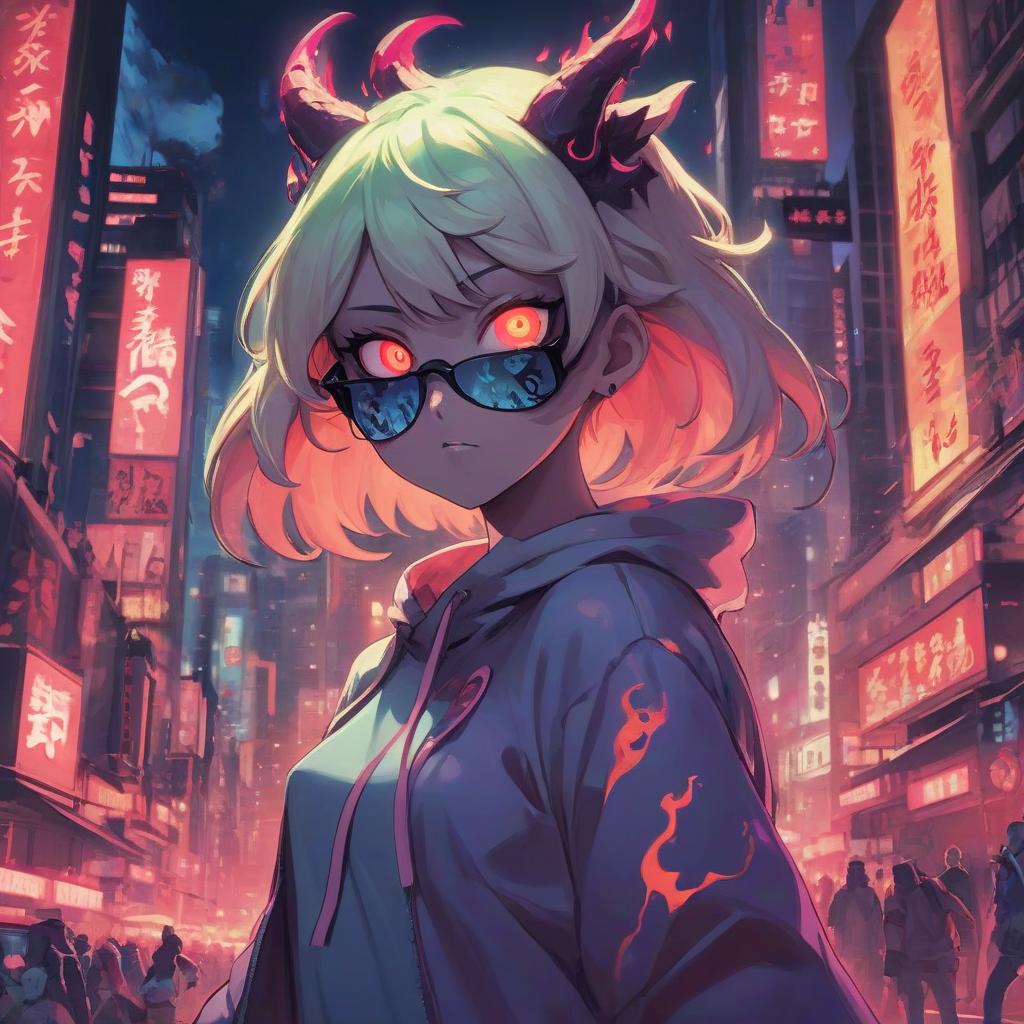  middle plan, woman standing in the middle of the night city, demonic face with glowing eyes, cool sunglasses, global coverage of rossdraws, expression of the evil eye, high tech luciferian synthetics, glowing colors, mask covers her entire face inspired by kano hogai, hyperbeast design. anime 2 0 1 9, key frame of the anime, tatsumaki, pseudonym, author zhou jichan, epic comic book art, , angry gorgeous woman, evil laughter, colorful fire, colorful fire