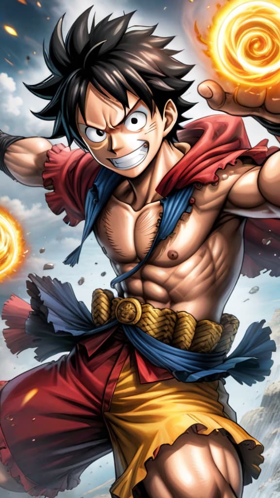  monkey d. luffy from one piece, in gear 5, launching forward with a grin, body morphing unpredictably, anime art hyperrealistic, full body, detailed clothing, highly detailed, cinematic lighting, stunningly beautiful, intricate, sharp focus, f/1. 8, 85mm, (centered image composition), (professionally color graded), ((bright soft diffused light)), volumetric fog, trending on instagram, trending on tumblr, HDR 4K, 8K