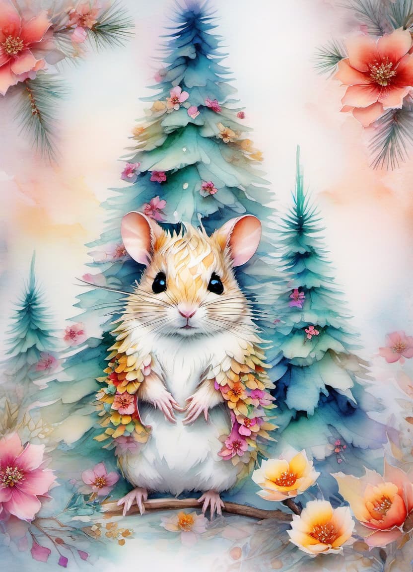  fairy tale christmas trees with cones, mouse in a kimono, (double exposure: 1.4). (soft textured paper). alcohol ink of (bright) flowers. the incompleteness effect. tenderness of watercolors, winter, delicate colors. thin white lines. emotion. light relief pattern. . magical, fantastical, enchanting, storybook style, highly detailed