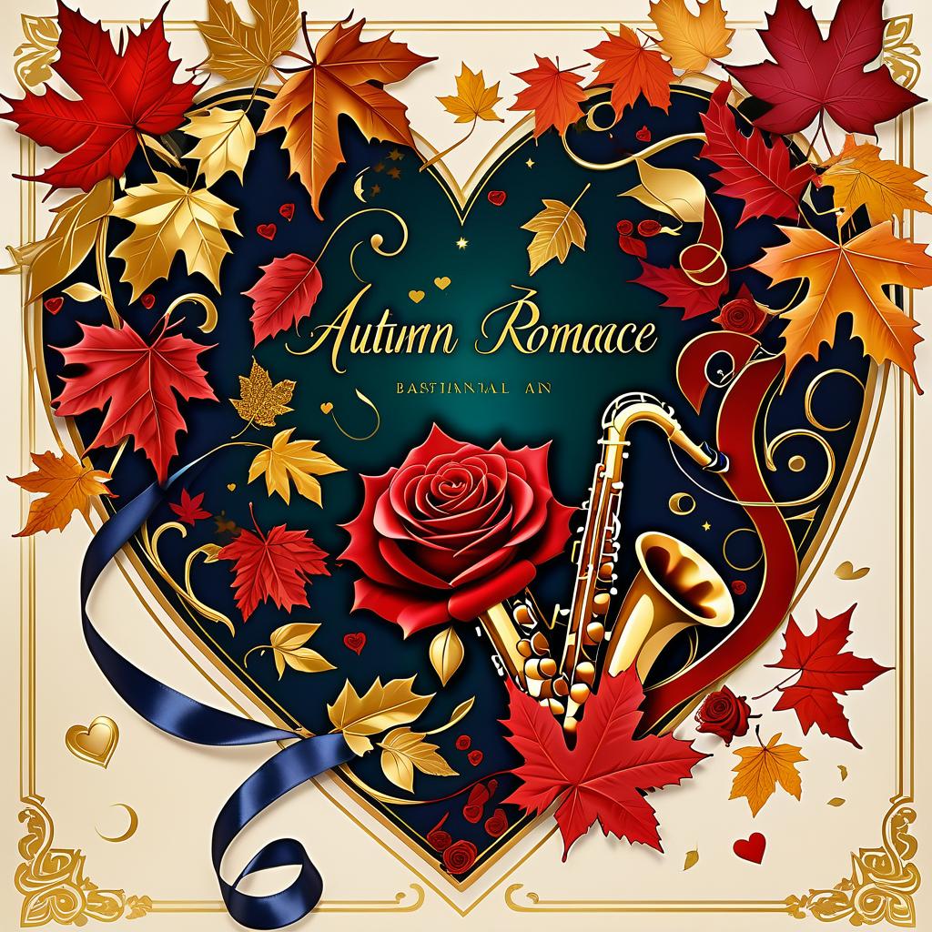  luxury product style (postcard background):falling autumn leaves, red roses, saxophone, satin ribbon, inscription "autumn romance" , retro, vintage, greeting card. autumn in the heart, (beautiful couple):man and woman, two faces in profile, heart scarlet rose (heart), beautiful figure of maple leaves outlines in the shape of a heart. (heart colour):night sky background, gold pattern. (style):fantasy, autumn art, autumn romance. (colours):gold, green gold, navy blue, red, red gold, brown gold, silver, golden blue, bluish blue. . elegant, sophisticated, high end, luxurious, professional, highly detailed