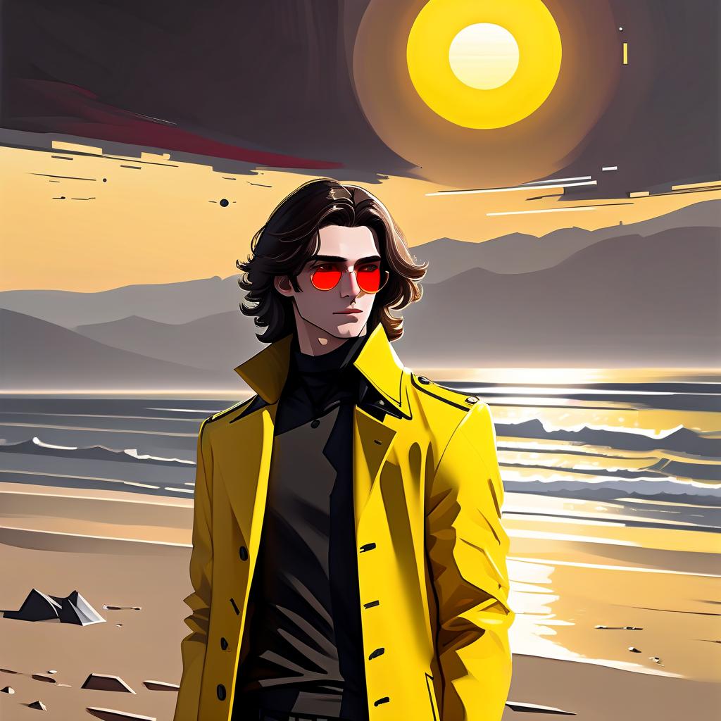  futuristic style a young man stands on the beach. he has long dark brown hair that gently falls on his shoulders, and his face, with jewish and slavic features, exudes calmness with brown eyes. he is dressed in a bright yellow coat that immediately attracts attention and contrasts with the surrounding landscape. under the coat is a black shirt, and black pants are additionally decorated with yellow elements, creating a harmonious and stylish image. the sun sets over the horizon, shrouding everything around in red shades, and bright red stripes lie on the surroundings contrasting with the darkness and creating a magical atmosphere. . sleek, modern, ultramodern, high tech, detailed