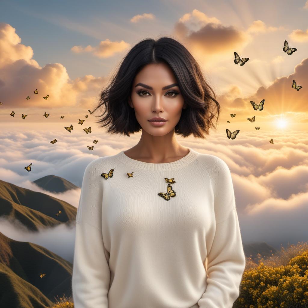  A modern Peruvian lady in heaven amongst clouds at sunset, wearing an off-white soft cashmere-like sweater and with a short bob haircut. Her hair is black with a white strip of hair in the front near the forehead centered. A lot of small, solid soft yellow butterflies with no black are flying past her. The scene should be dreamy and angelic. hyperrealistic, full body, detailed clothing, highly detailed, cinematic lighting, stunningly beautiful, intricate, sharp focus, f/1. 8, 85mm, (centered image composition), (professionally color graded), ((bright soft diffused light)), volumetric fog, trending on instagram, trending on tumblr, HDR 4K, 8K