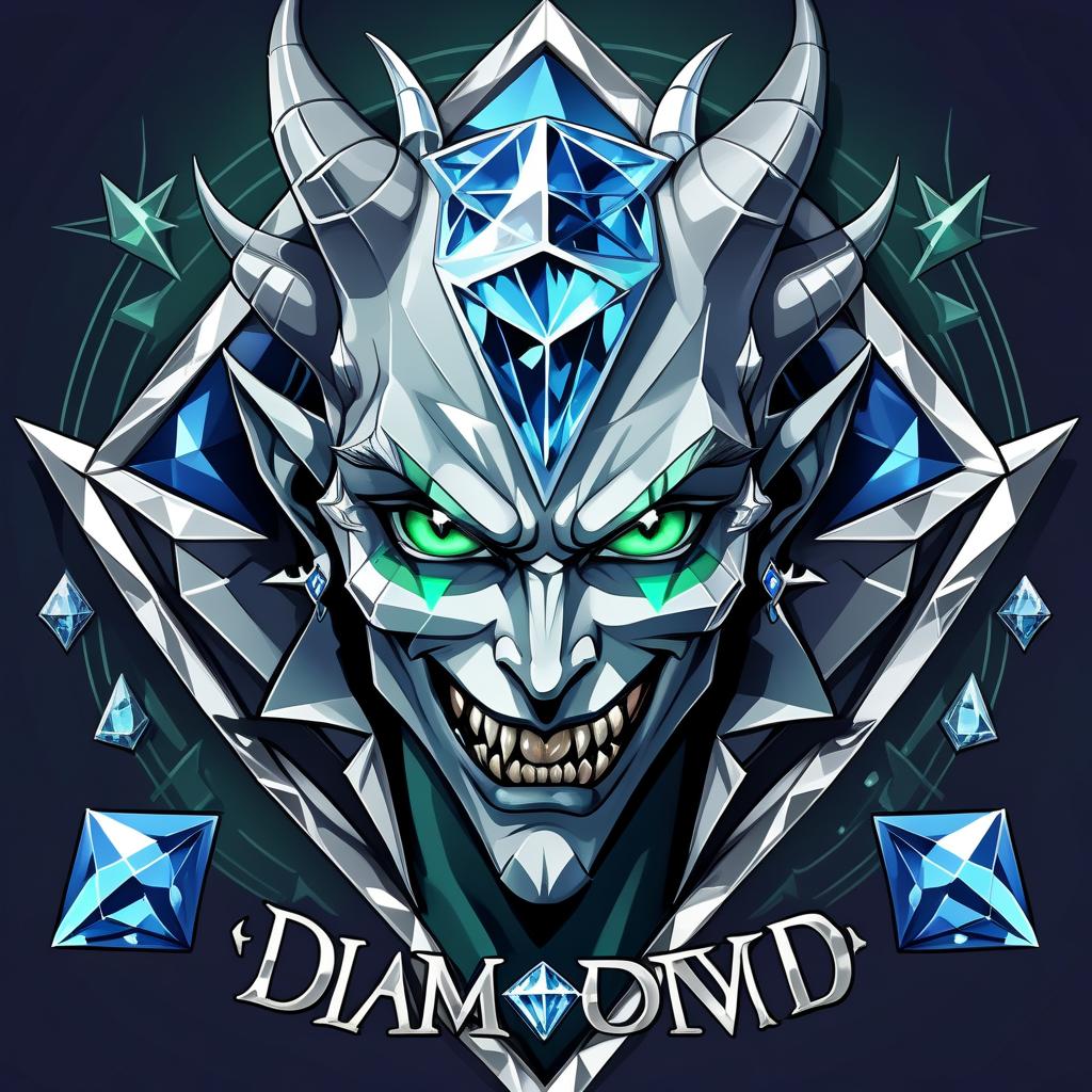  diamond devil, portrait. dark green eyes, man. kind. hair gray. with fangs and horns. colors blue, blue, silver