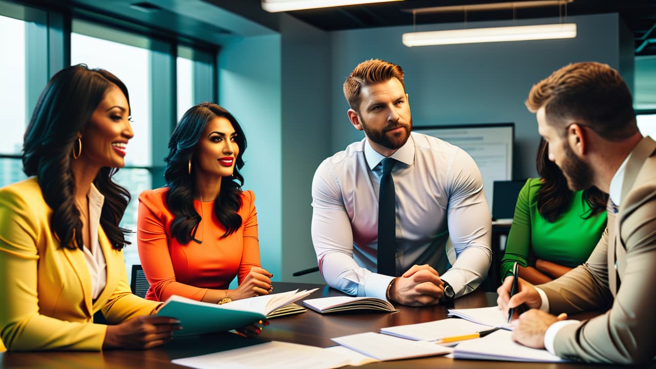  create an image of a diverse group of people in a modern office setting, discussing franchise ownership over a large table filled with documents, charts, and coffee cups, showcasing collaboration and business strategy. hyperrealistic, full body, detailed clothing, highly detailed, cinematic lighting, stunningly beautiful, intricate, sharp focus, f/1. 8, 85mm, (centered image composition), (professionally color graded), ((bright soft diffused light)), volumetric fog, trending on instagram, trending on tumblr, HDR 4K, 8K