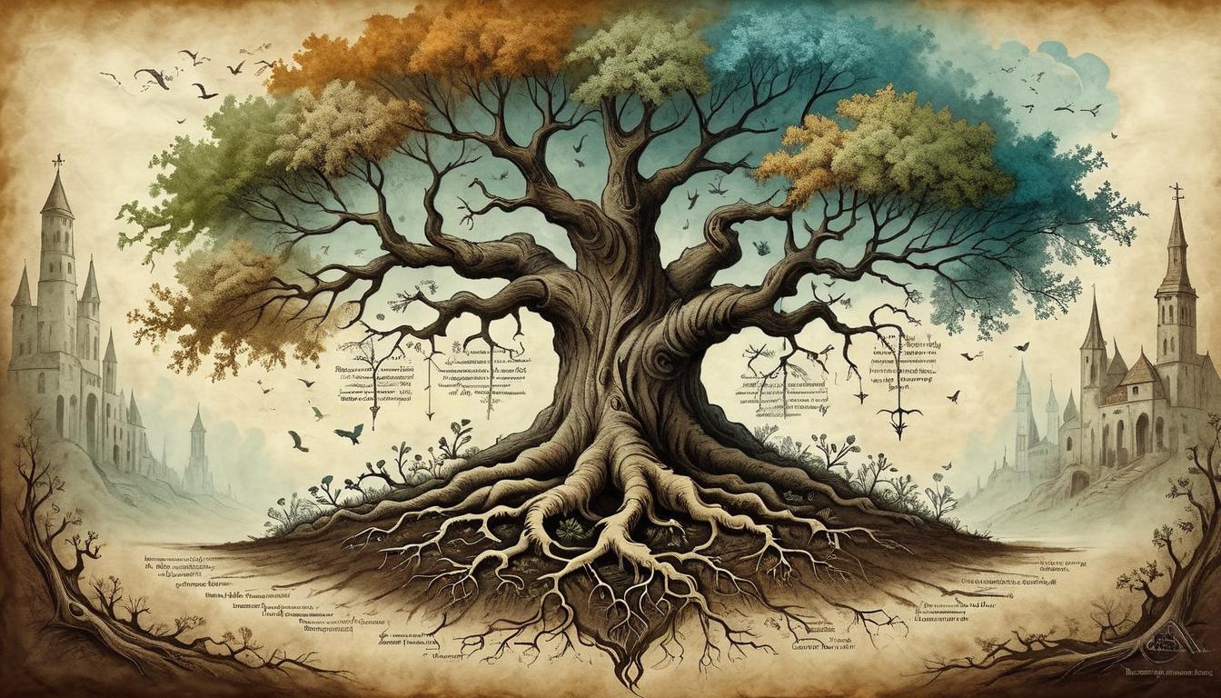  on parchment, surrealism+++, growing tree of life, reaching for sky, roots cracking the ground, relentless progress, natural, dynamic, powerful(mysterious, provocative, symbolic,muted color)+++