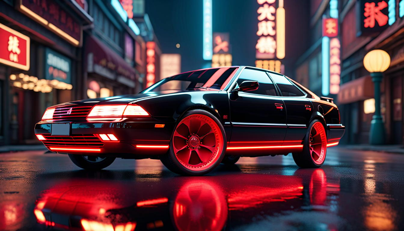  cinematic photo the car, mitsubishi galant, body ea7a, black red. . 35mm photograph, film, bokeh, professional, 4k, highly detailed, glowneon, hkmagic