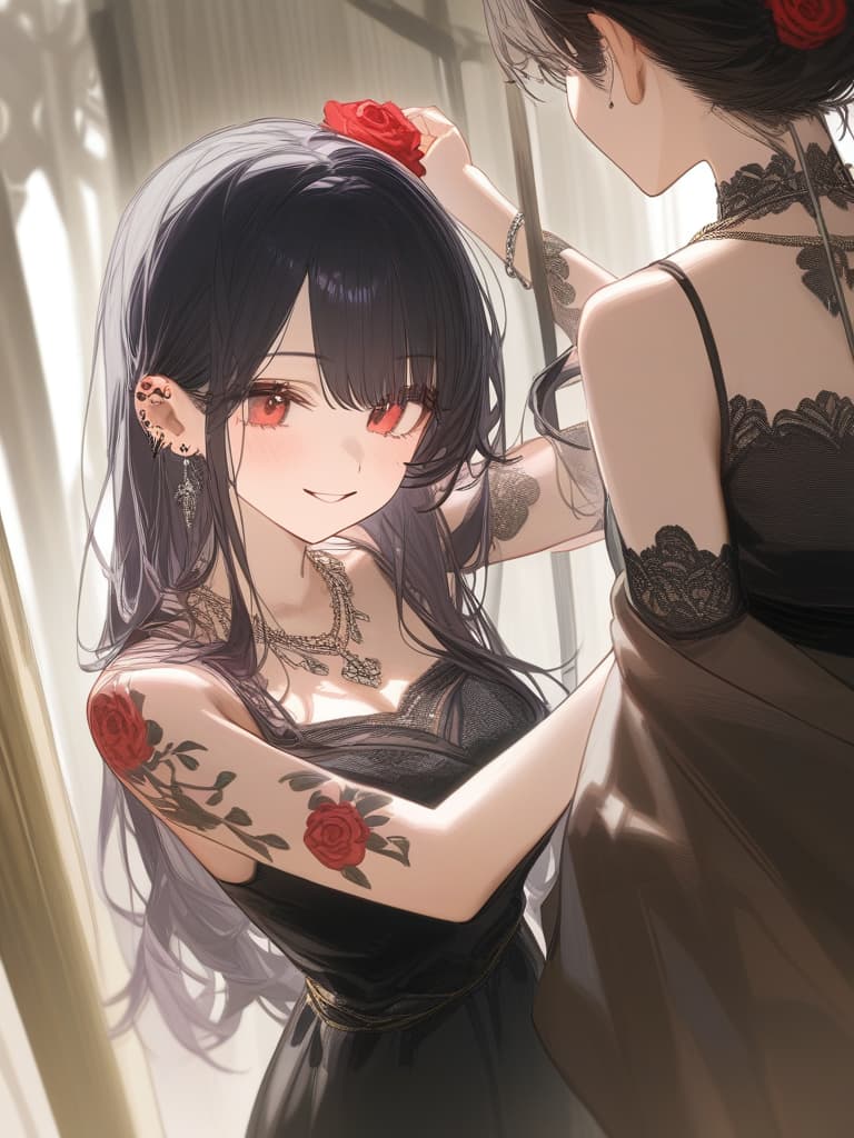  long hair, black hair, hair tips are pink, red eyes, hanging, bangs, and length of bangs, smiles, adults, adult faces, piercings, necklaces, black lace clothes, red rose tattou on arms in contained, thin makeup, rose tattoo on the arm, pink and black hair, masterpiece, best quality,8k,ultra detailed,high resolution,an extremely delicate and beautiful,hyper detail