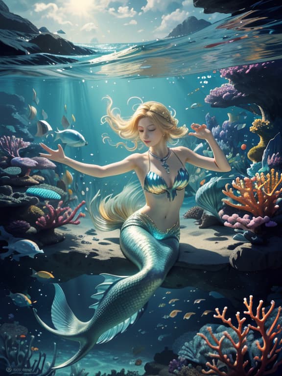  master piece, best quality, ultra detailed, highres, 4k.8k, mermaid, swimming gracefully in the water, surrounded by colorful fish., serene, break a beautiful mermaid with blonde hair swimming in the ocean., underwater, colorful coral, underwater plants, and sunlight filtering through the water., break peaceful and tranquil, sunlight creating dappled patterns on the ocean floor, giving a dreamy effect., lunarpunkai