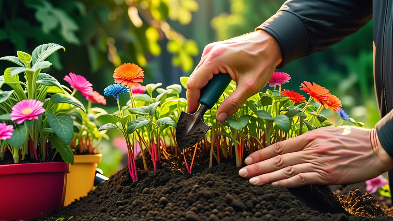  a close up of a gardener's hands gently planting vibrant seedlings into rich, dark soil, surrounded by colorful garden tools, lush greenery, and sun drenched flowers, capturing the essence of nurturing growth and connection to nature. hyperrealistic, full body, detailed clothing, highly detailed, cinematic lighting, stunningly beautiful, intricate, sharp focus, f/1. 8, 85mm, (centered image composition), (professionally color graded), ((bright soft diffused light)), volumetric fog, trending on instagram, trending on tumblr, HDR 4K, 8K