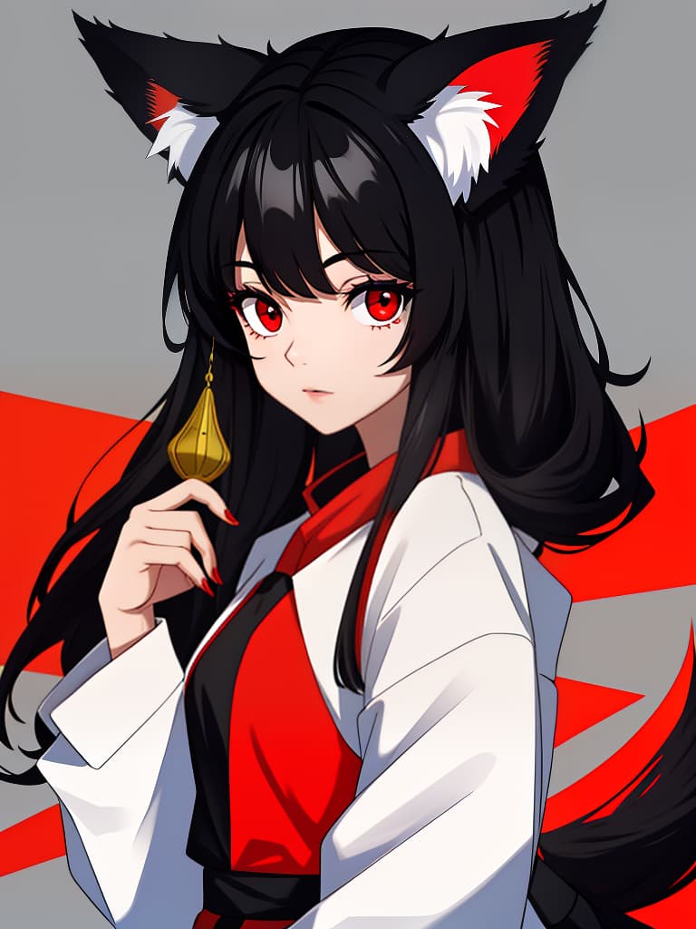  fox ears, one girl, black hair, red eyes