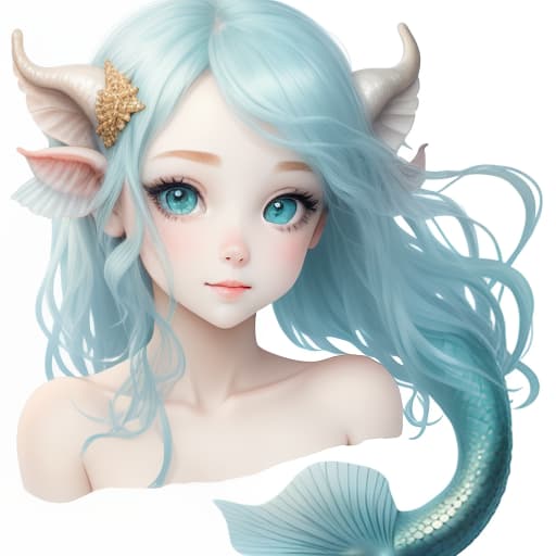   mermaid, cute face, smooth eyes, ruminant, white background