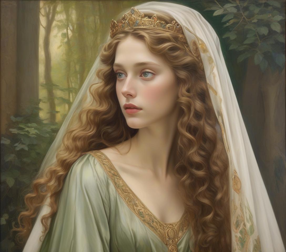  ultra realistic oil on canvas of a princess wearing a noble roman she has fair skin with a cool undertone and light brown voluminous curly long hair she is tunic she looking slightly upwards she wears a veil around her hair she wears she has green dreamy eyes do not add makeup use pre raphaelite techniques