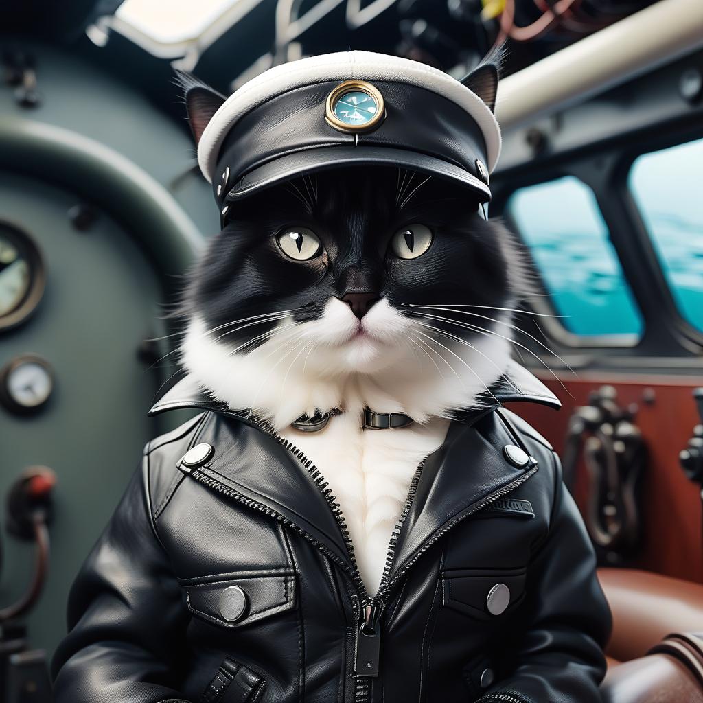  furry black cat in a leather jacket, in a white cap, in a submarine