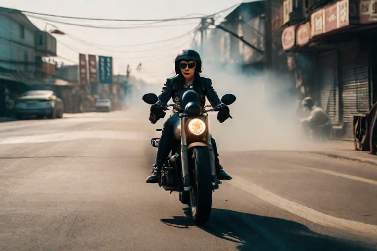  A 7-year-old warrior girl on a motorcycle rides through a burning city hyperrealistic, full body, detailed clothing, highly detailed, cinematic lighting, stunningly beautiful, intricate, sharp focus, f/1. 8, 85mm, (centered image composition), (professionally color graded), ((bright soft diffused light)), volumetric fog, trending on instagram, trending on tumblr, HDR 4K, 8K