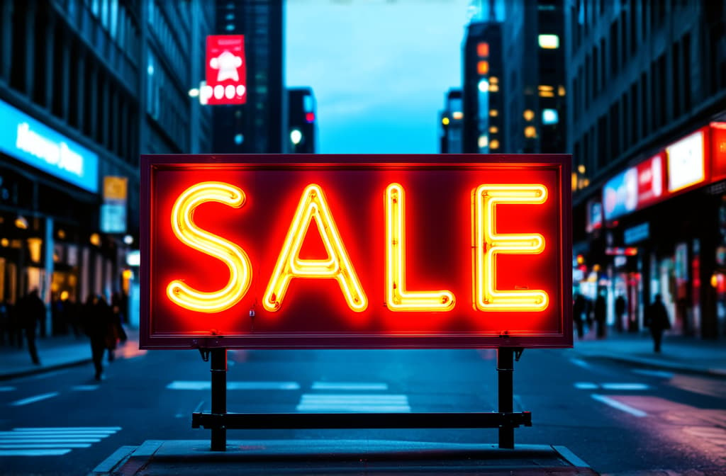  a large red neon sign with the words “sale” on a blurred background of a night city street no pedestrians. ar 3:2 {prompt}, maximum details