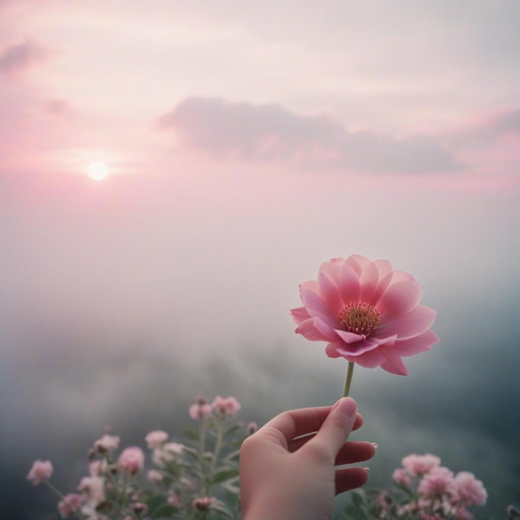  analog film photo the girl’s hand touches a pink flower, pink and white shades, light fog, clouds in the background, a room in pastel shades. . faded film, desaturated, 35mm photo, grainy, vignette, vintage, kodachrome, lomography, stained, highly detailed, found footage