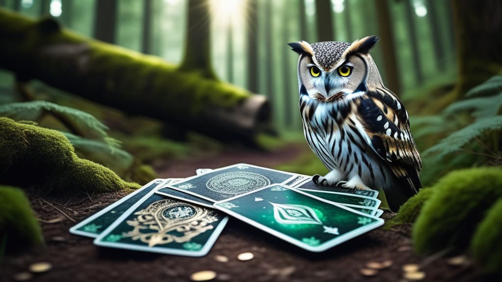  Tarot cards in the forest next to an owl with green eyes ar 16:9 high quality, detailed intricate insanely detailed, flattering light, RAW photo, photography, photorealistic, ultra detailed, depth of field, 8k resolution , detailed background, f1.4, sharpened focus
