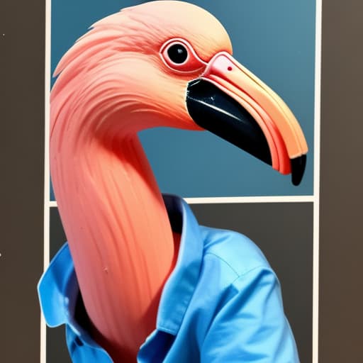  Humanoid flamingo, small beak. wearing blue shirt, smoking cigar