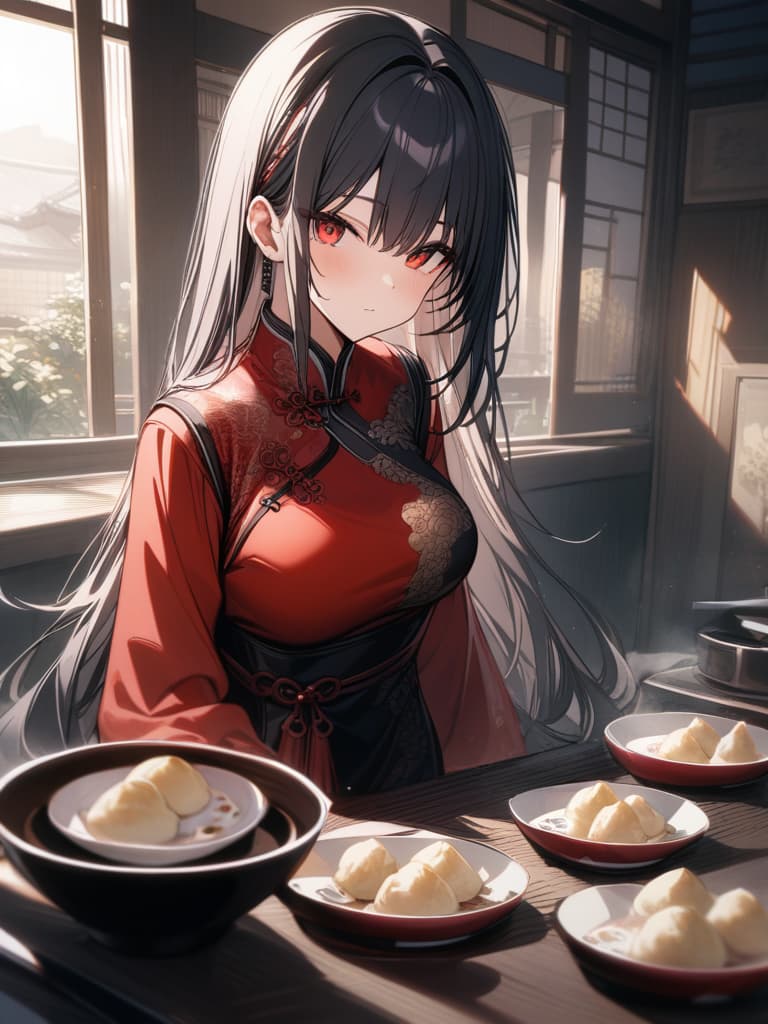  black hair, hairstyle for dumplings, red eyes, chinese style clothes, china clothes, girls, cool, masterpiece, best quality,8k,ultra detailed,high resolution,an extremely delicate and beautiful,hyper detail