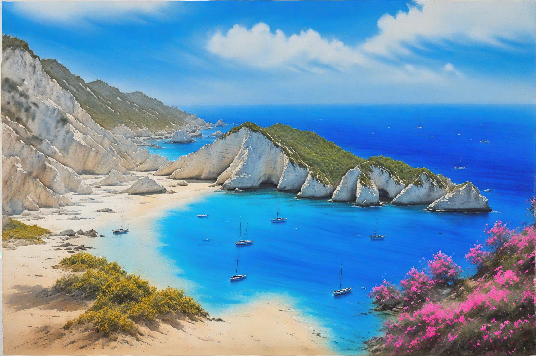  watercolor in the style of remy lach, vivid azure waters in the foreground with steep, rocky cliffs covered in patches of greenery encircling a secluded sandy beach on a bright, sunny day. to the right, vibrant pink flowers bloom in the foreground, adding a splash of color. several small boats float peacefully near the shore, while white, sunlit clouds drift across a deep blue sky., spontaneous brushstrokes, natural light play, serene mood, delicately blended colors, artful composition, centered framing, subtle color transitions, diffuse illumination, soft shadow interplay hyperrealistic, full body, detailed clothing, highly detailed, cinematic lighting, stunningly beautiful, intricate, sharp focus, f/1. 8, 85mm, (centered image composition), (professionally color graded), ((bright soft diffused light)), volumetric fog, trending on instagram, trending on tumblr, HDR 4K, 8K