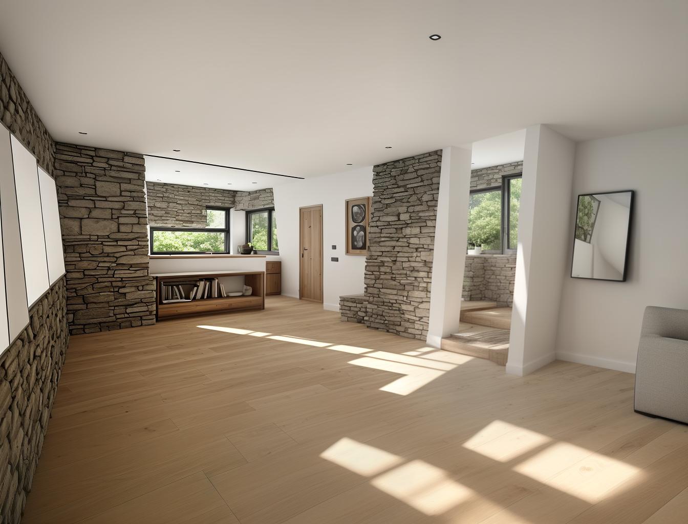  produce a photorealistic rendering of a modern interior with a stone wall as a focal point, complemented by wooden flooring and large windows. add a sleek, modern sofa and minimalist furniture that reflects a contemporary style, creating a space that feels both rustic and sophisticated.