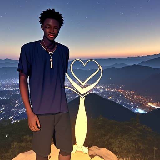  A fair skin Ghanaian boy standing beside a pure human heart on a mountain at night