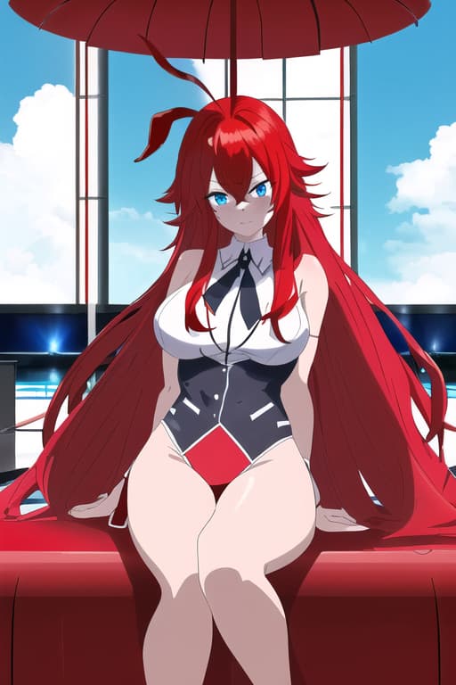  red hair light blue eyes women in a red bunny suit sitting on a red floaty balloon,masterpiece, best quality, 1women, long red hair, looking at viewer, :3, cute, black uniform, outdoors, streets, cow shot, curvy, (((blue eyes))), rias gremory, red hair, antenna hair, wavy hair, ((beautiful detailed eyes, beautiful detailed glow, lots of glow)), anime screencap,women at pool, compeion , black , masterpiece, best quality, high quality, solo