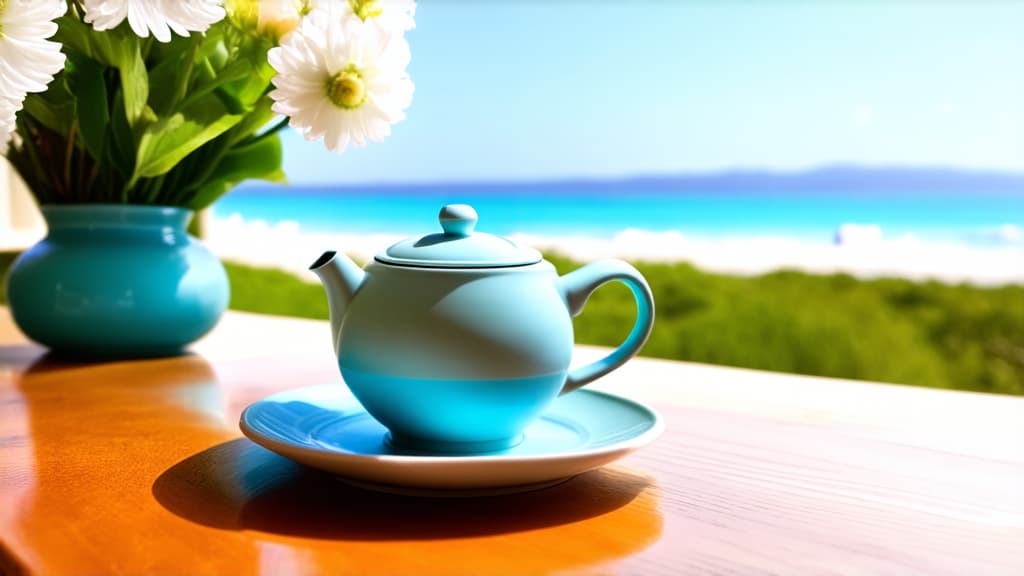  mug of tea and teapot on a wooden table by the window, overlooking the beach, photorealistic image, serene beach setting, white flowers, pastel blue color, amazing details, by the window, turquoise vase, seashore, stunning shot, beautiful details, spring time, by the seashore, great combination, very beautiful composition] ar 16:9 {prompt}, maximum details