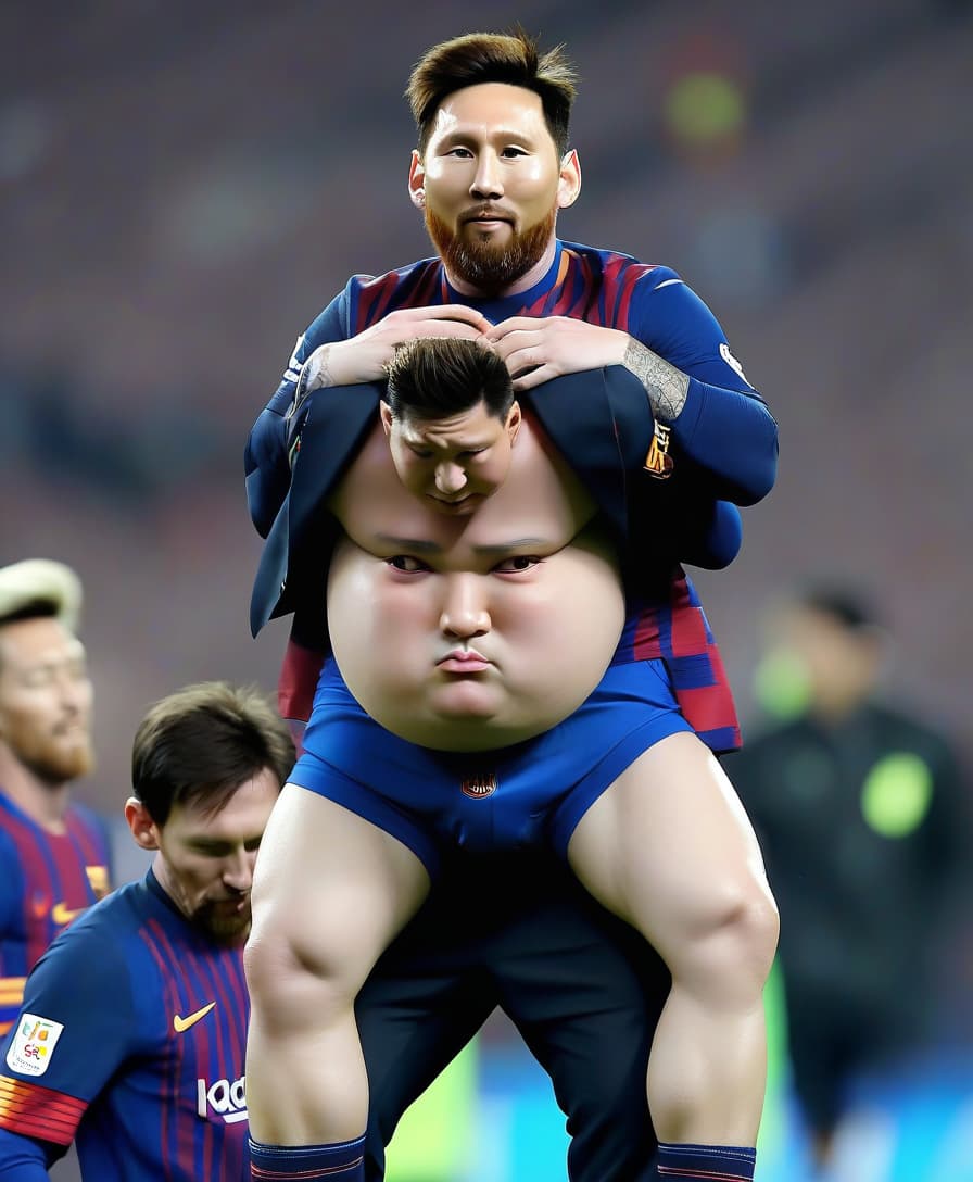  kim jang un in his pants on lionel messi's shoulders at the stadium