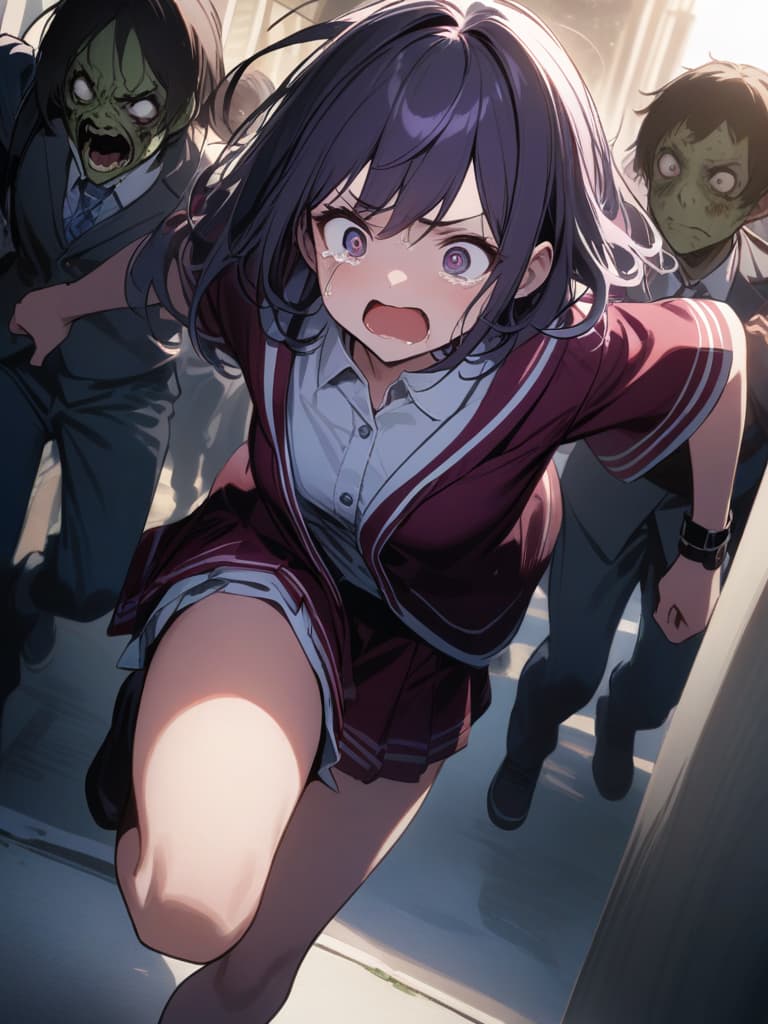  ultra detailed:1.2,masterpiece:1.2,best quality,masterpiece,bestquality,hdr:1.1,8k:1.1,very cute girl:1.3,(dark purple hair:1.3)((from front,full body:1.4))((running at school:1.6)),(scared,tears:1.3),(being chased by zombies:1.4)