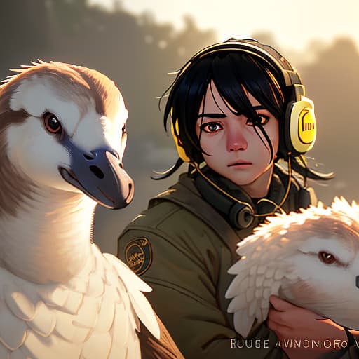  goose and beaver in gaming headphones look at the camera (at us), portrait photo, photograph, highly detailed face, depth of field, moody light, golden hour, style by dan winters, russell james, steve mccurry, centered, extremely detailed, nikon d850, award winning photography