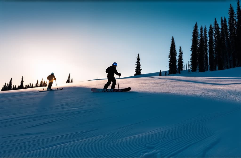  professional detailed photography, silhouettes of skiers and snowboarders on a ski slope at dusk with highlights across the frame ar 3:2, (muted colors, dim colors, soothing tones), (vsco:0.3)