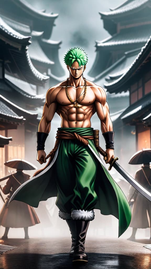  roronoa zoro from one piece in asura form with three heads and six arms, air trembling, anime art hyperrealistic, full body, detailed clothing, highly detailed, cinematic lighting, stunningly beautiful, intricate, sharp focus, f/1. 8, 85mm, (centered image composition), (professionally color graded), ((bright soft diffused light)), volumetric fog, trending on instagram, trending on tumblr, HDR 4K, 8K