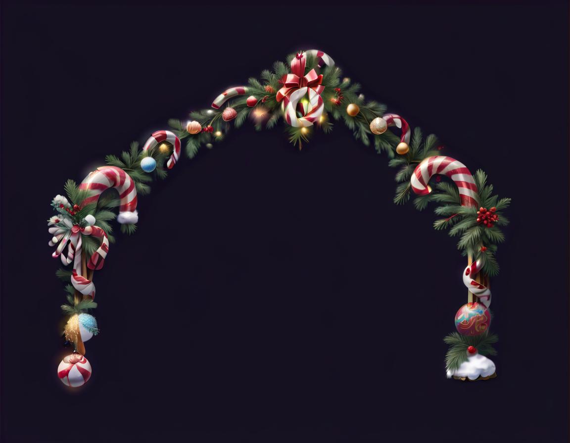  concept art an arch made up of candy canes and ornaments christmas garland with decoration, pine needle and snow on it, christmas night, christmas winter . digital artwork, illustrative, painterly, matte painting, highly detailed, civitai