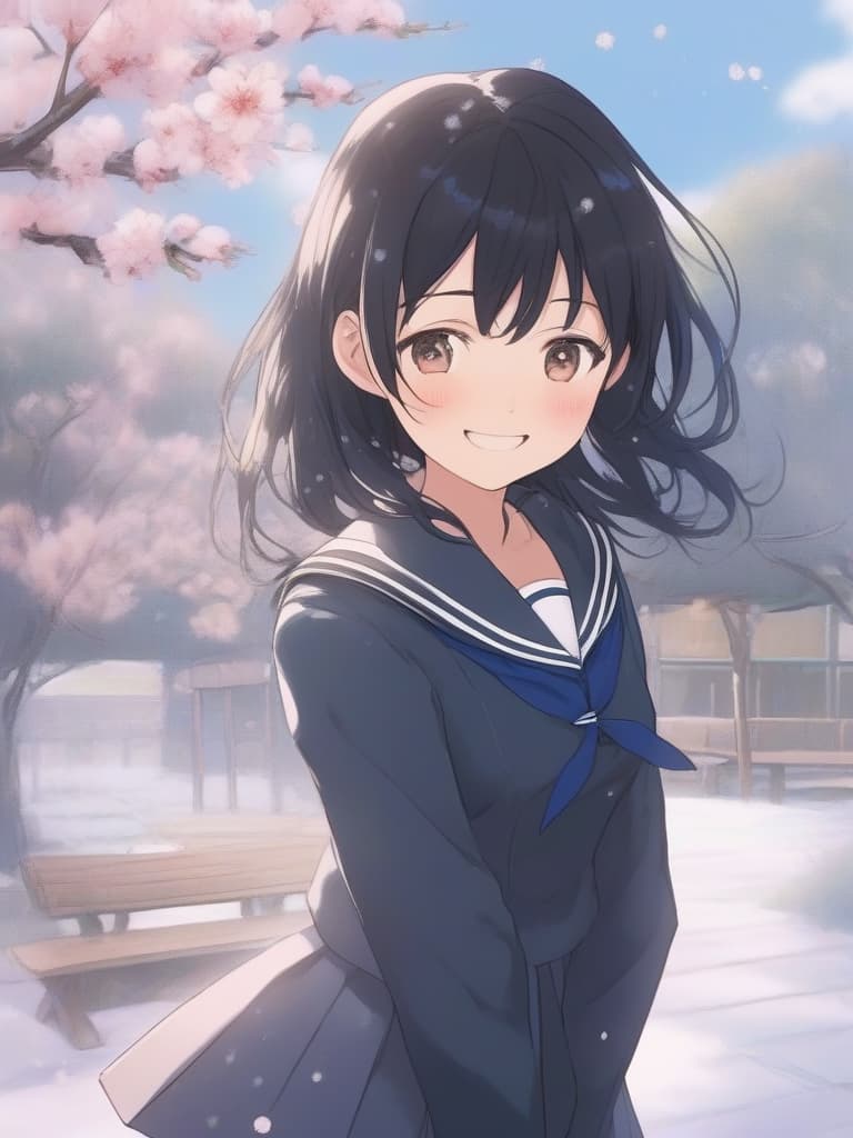  masterpiece,one high school girl,cute,beautiful,delicate black hair,bobbed hair,happy smile,(((wearing black sailor uniform))),cherry blossom snowstorm,hands on head,pow hands,facefocus,school yard in background,super high quality,super sensitive,super resolution,16k