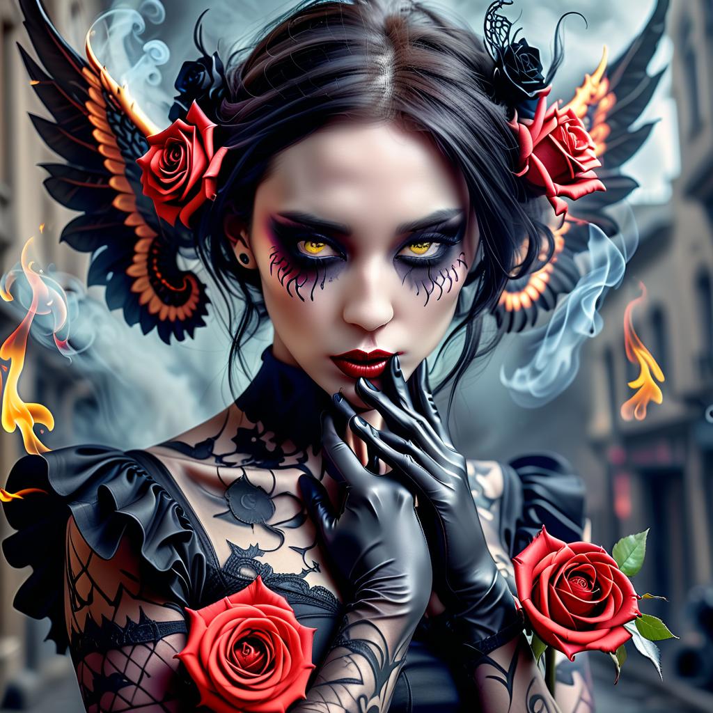  fashion editorial style dark fantasy, horror. surrealism is grotesque, a gothic vamp girl with wings, an emphasis on eyes and lips. fractal background fire, hands, gloves, roses, smoke, body art style, high quality details, best quality,cool2 8k,ultra hd . high fashion, trendy, stylish, editorial, magazine style, professional, highly detailed, perfecteyes, hkmagic, glowneon