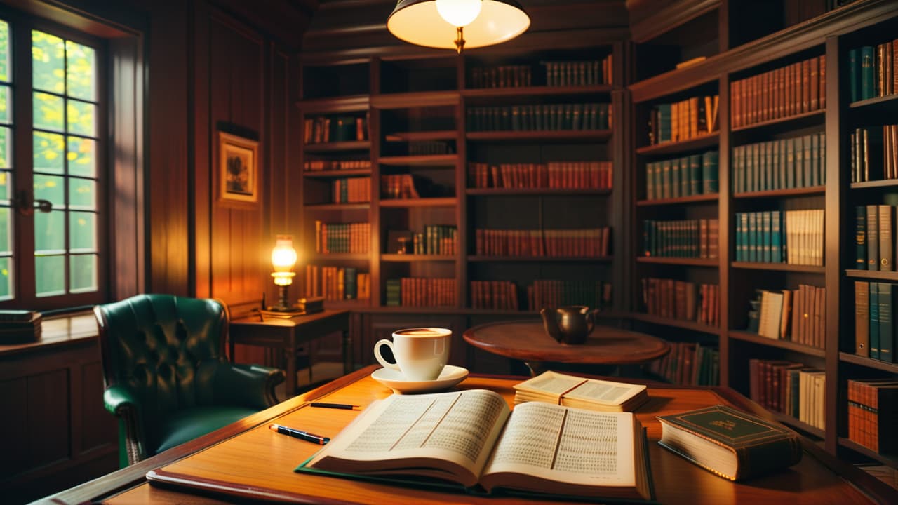  a cozy study scene featuring a wooden table with an open crossword puzzle book, a steaming cup of coffee, a pencil, and a wall clock, surrounded by shelves filled with books and a warm, inviting glow. hyperrealistic, full body, detailed clothing, highly detailed, cinematic lighting, stunningly beautiful, intricate, sharp focus, f/1. 8, 85mm, (centered image composition), (professionally color graded), ((bright soft diffused light)), volumetric fog, trending on instagram, trending on tumblr, HDR 4K, 8K