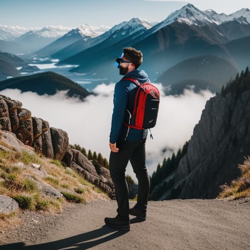  in mountain, a man standing seeing the world, hyperrealistic, full body, detailed clothing, highly detailed, cinematic lighting, stunningly beautiful, intricate, sharp focus, f/1. 8, 85mm, (centered image composition), (professionally color graded), ((bright soft diffused light)), volumetric fog, trending on instagram, trending on tumblr, HDR 4K, 8K