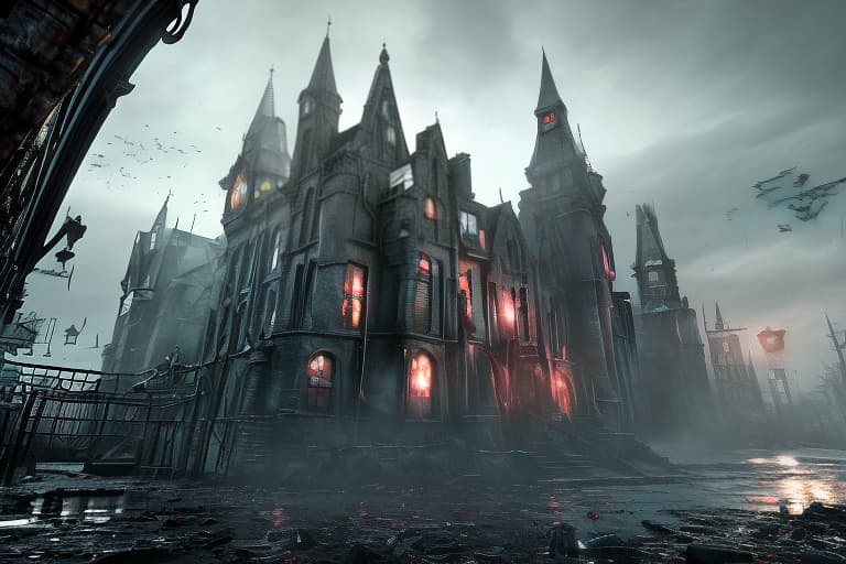 redshift style Arkham Asylum* Create a street view image of Arkham Asylum's entrance, showcasing its imposing gothic architecture, iron gates, and eerie atmosphere.