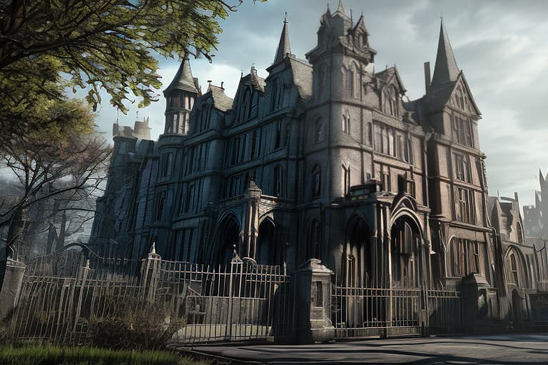 redshift style Arkham Asylum* Create a street view image of Arkham Asylum's entrance, showcasing its imposing gothic architecture, iron gates, and eerie atmosphere.