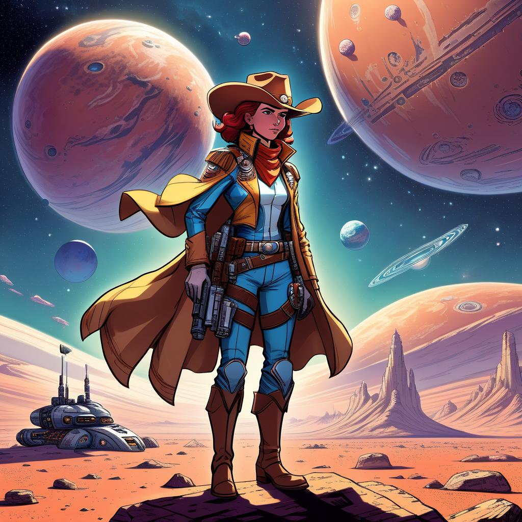  draw a full length adventure character on a distant colonized planet. we need to develop his character and specialization. she's a seasoned space cowboy. what is the main feature?