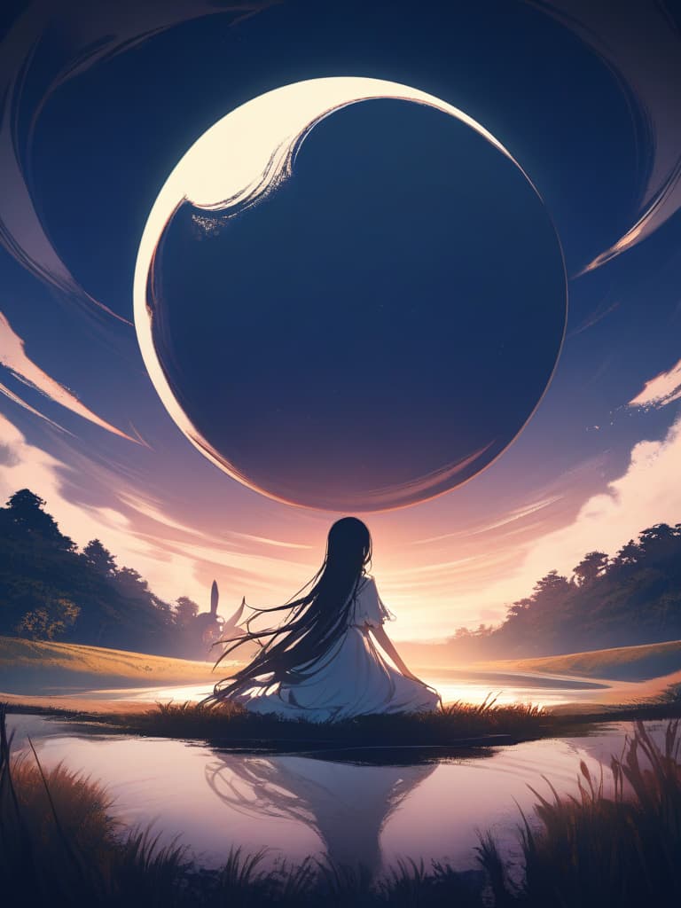  the sun is about the moon (art inspired by bill schenquevich). oil painting), (monday, one moon, (full moon)), ((round moon)) ), (shadow reflected in the moon), (one rabbit), ... one woman, long hair, black hair, far away, (whole body), ((far)), susuki, (pampas grass), pampas grass, sitting, back, white dress, simple dress, shadow, shadow, fantastic, fantasy, wonderful, beautiful, (night), landscape ,,