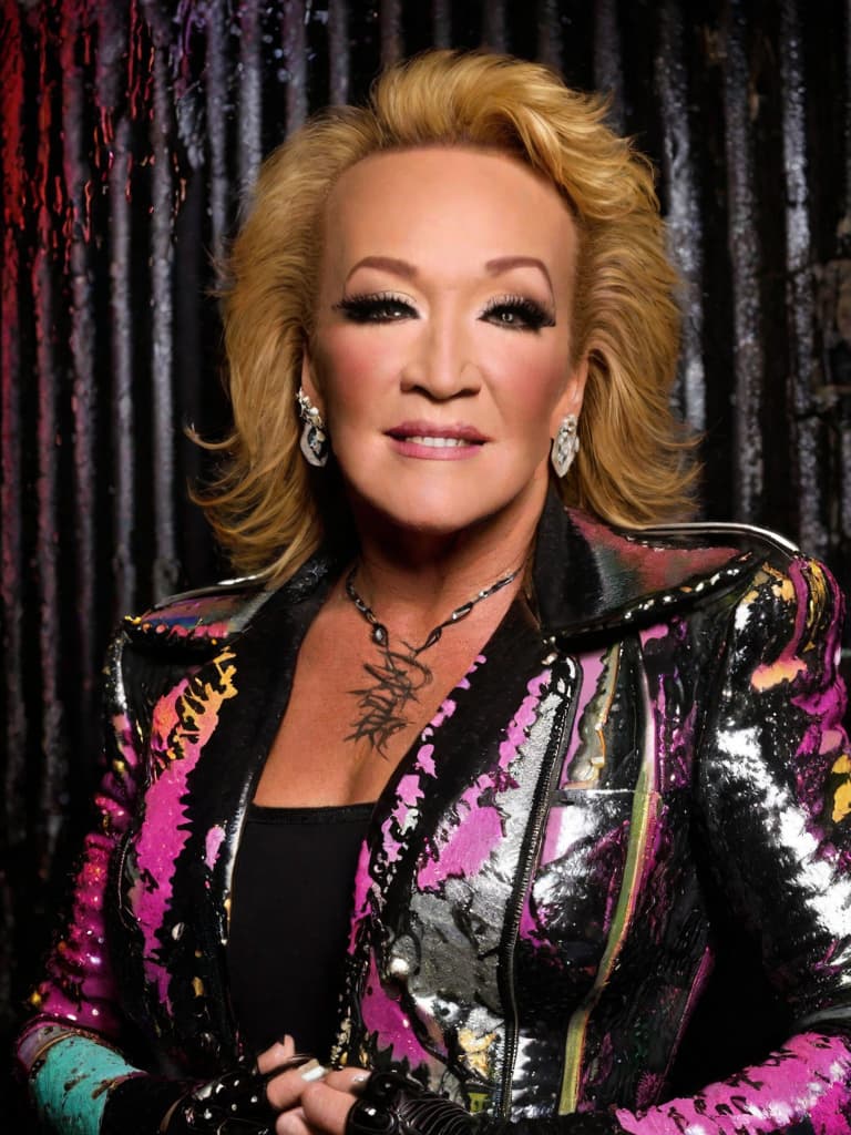  A younger country singer Tanya Tucker, medium shot, upper body, spotlight, long exposure lighting, street art style spray paint, glamour lighting