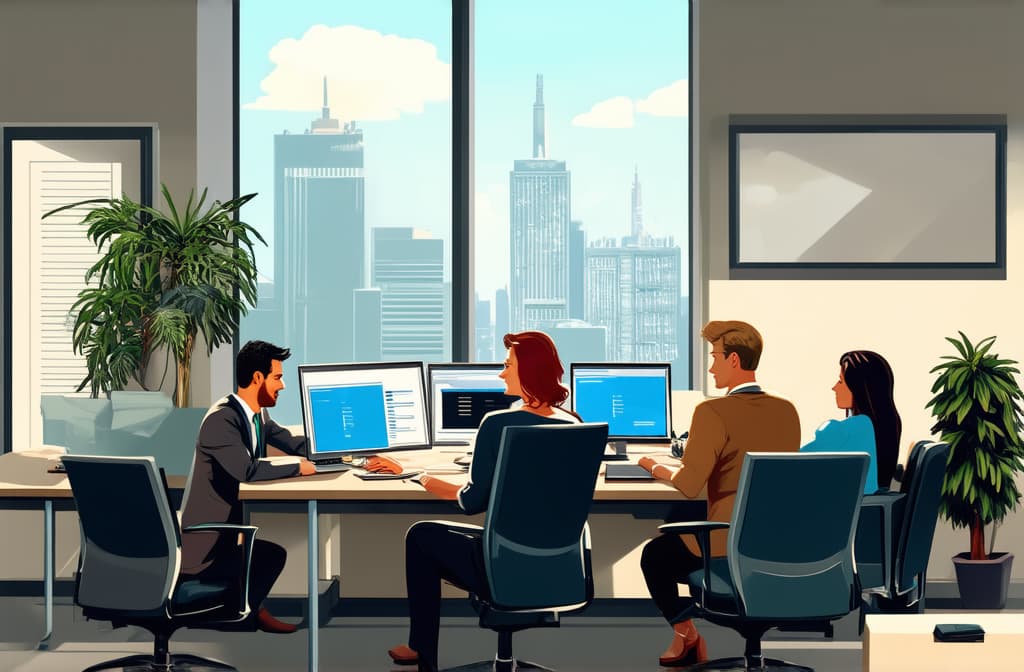  professional detailed photography, people working in office. business illustration representing busy life ar 3:2, (muted colors, dim colors, soothing tones), (vsco:0.3)