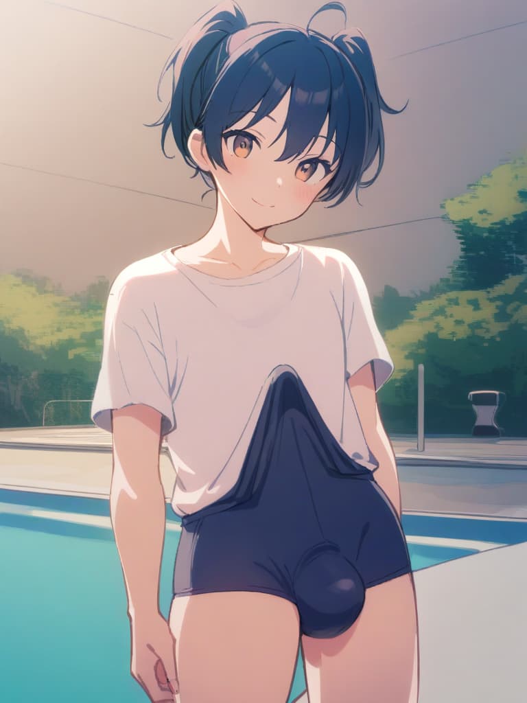  women's elementary students (male), twin tails, cute smiles, (rich s), low stature, dark blue swimwear, old swimwear, , simple (upward), male , (bulge), shaped clear , front , whole body, pool side,