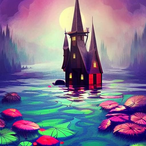  Single flooded simple fantasy wooden tower, very coherent and colorful high contrast!! masterpiece